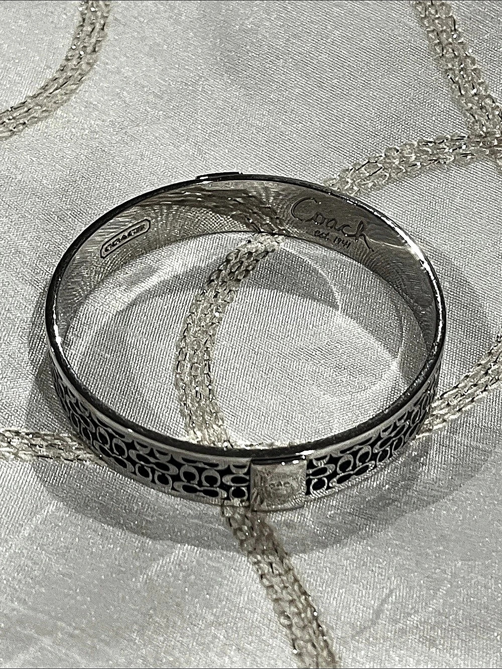 Coach Signature C Enamel Hinged Bangle Silver & Black